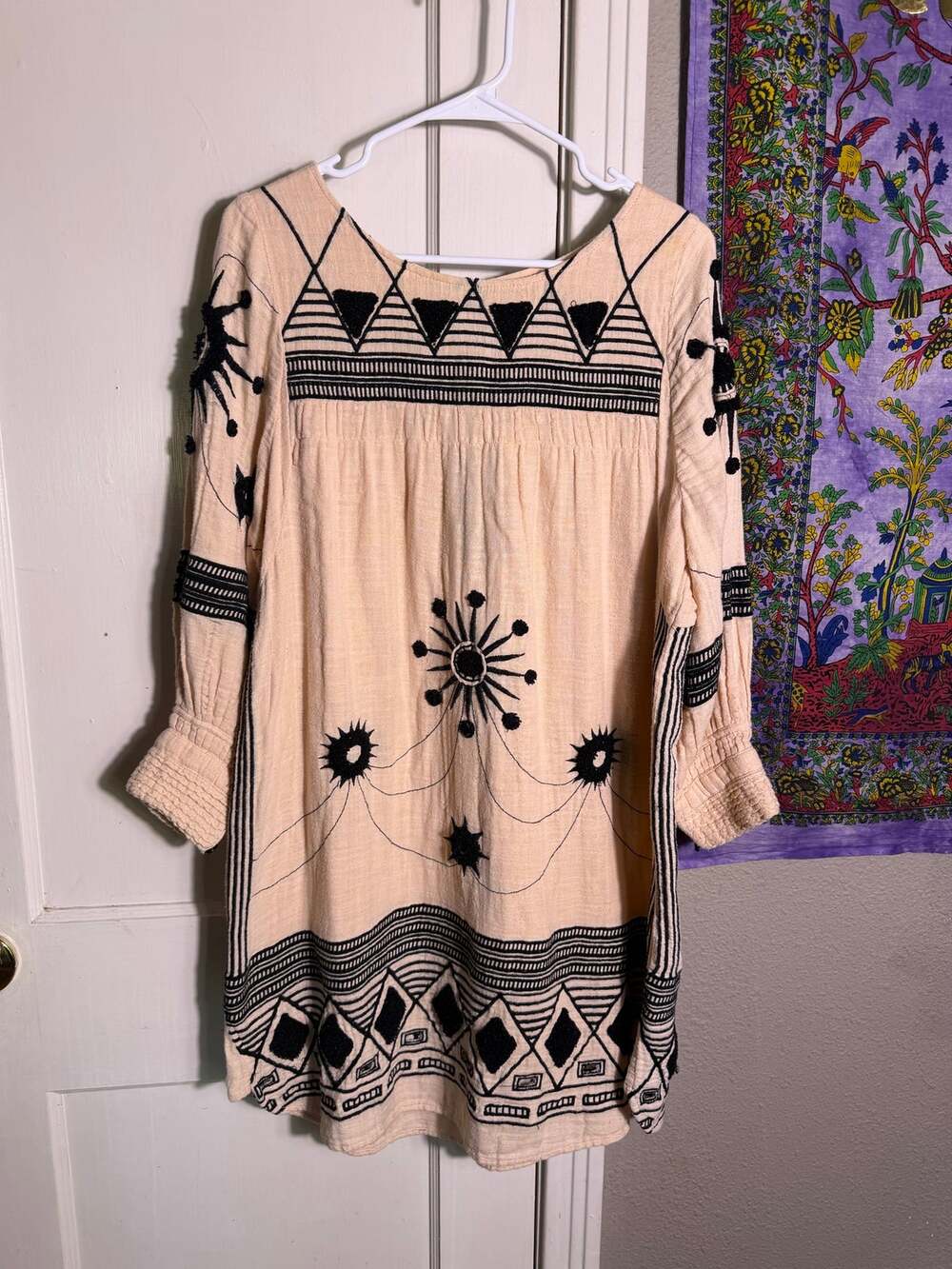 Free People New Romantics Embroidered Boho Tunic Top M Cream Black